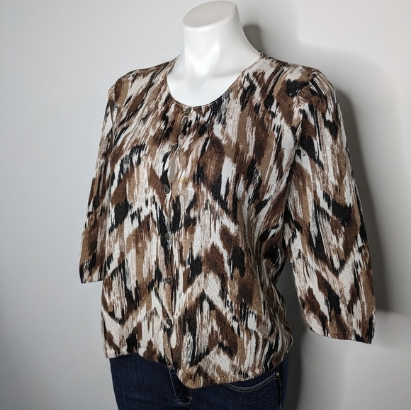J Jill brown tan abstract linen blend button up cardigan L - Picture 4 of 9
